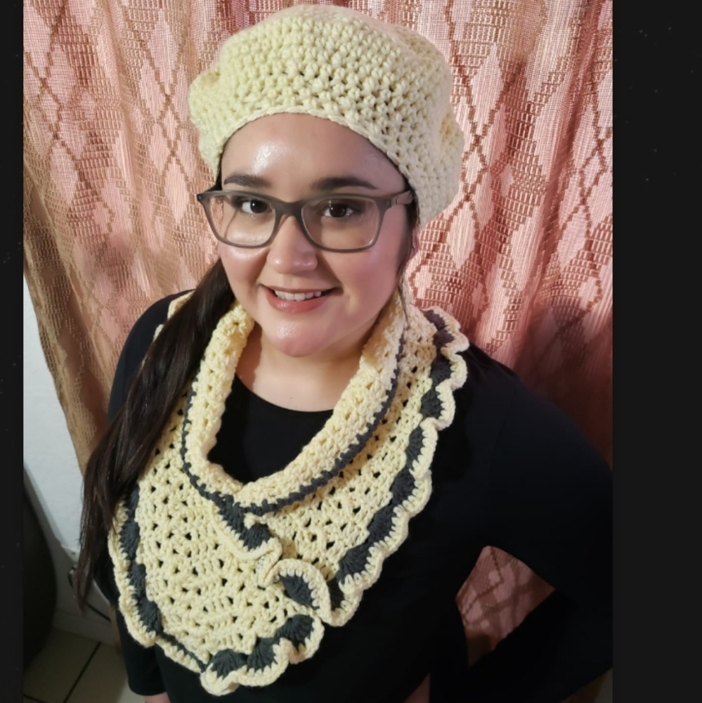 Beret hat, round scarf, and Headband